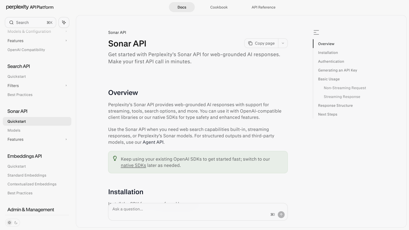 Perplexity Sonar API — interface or sample output